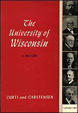 the cover of Volume II is red with white lettering. Running vertically along the right side are six black and white of former university chancellors.