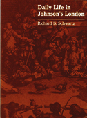 cover of Daily Life in Johnson's London is a red tinged engraving of a cockfight in Johnson's London