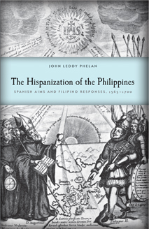 The cover of Phelan's book is based on an old book illustration. Spanish military and religious authorites dominate a map of the colonies.