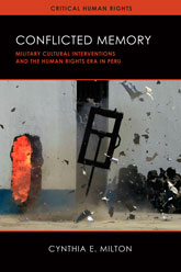 Conflicted Memory: Cover shoing a bomb squad crouching behind a white building, schrapnel peppering the air, a large, flaming gash breaking up the side of the building. 