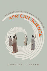 African Science: Cover art of a blue gray background with a soft white spiral made out of distinct, curved, rectangular segments emerging from the center of the page. Four African men stand throughout the bottom half of the spiral, facing different directions, all with one hand raised upwards. They all are wearing white, long robes. The title text is written in a striking orange, contrasting from the subdued tones of the rest of the cover, and is placed within the spiral, as if it were one of the segments that create it. 