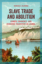 Slave Trade and Abolition: Illustration of a tropical cove with a couple of sail boats floating on the blue water and white buildings lining the horizon. 