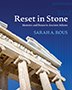 Reset in Stone: Cover of a photograph of an Athenian ruin with tall white pillars taken from below, looking up towards the ruins and the sky. On the right side of the image, there is a faint blue outline of a pillar going up the side of the page.