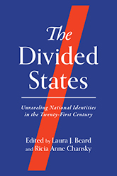 The Divided States: a blue cover with a large red backslash across the page. The title text is written in contrasting white sarif font across the majority of the cover.