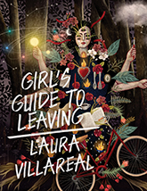 Girl's Guide to Leaving: cover depicting a painting of a woman with five fully black eyes and four arms, holding the the sun in one hand, a spoon in another, and a paintbrush in another. She stands before some trees in a dark forest. Many other detils give this piece an eclectic and haunted feeling.