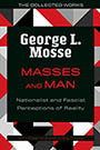 Masses and Man: Illustration of a geometric mosaic consisting of various red, black, white, and gray pieces. In the center, a large black rectangle contains the title and author text. Design by Jennifer Conn.