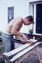 photo of Saternus working on sawhorse